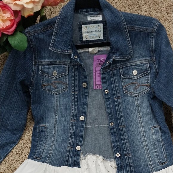 2857 Size Large Limited Too Upcycled Jean Tunic Made With A Vintage Table Cover. - Picture 3 of 9